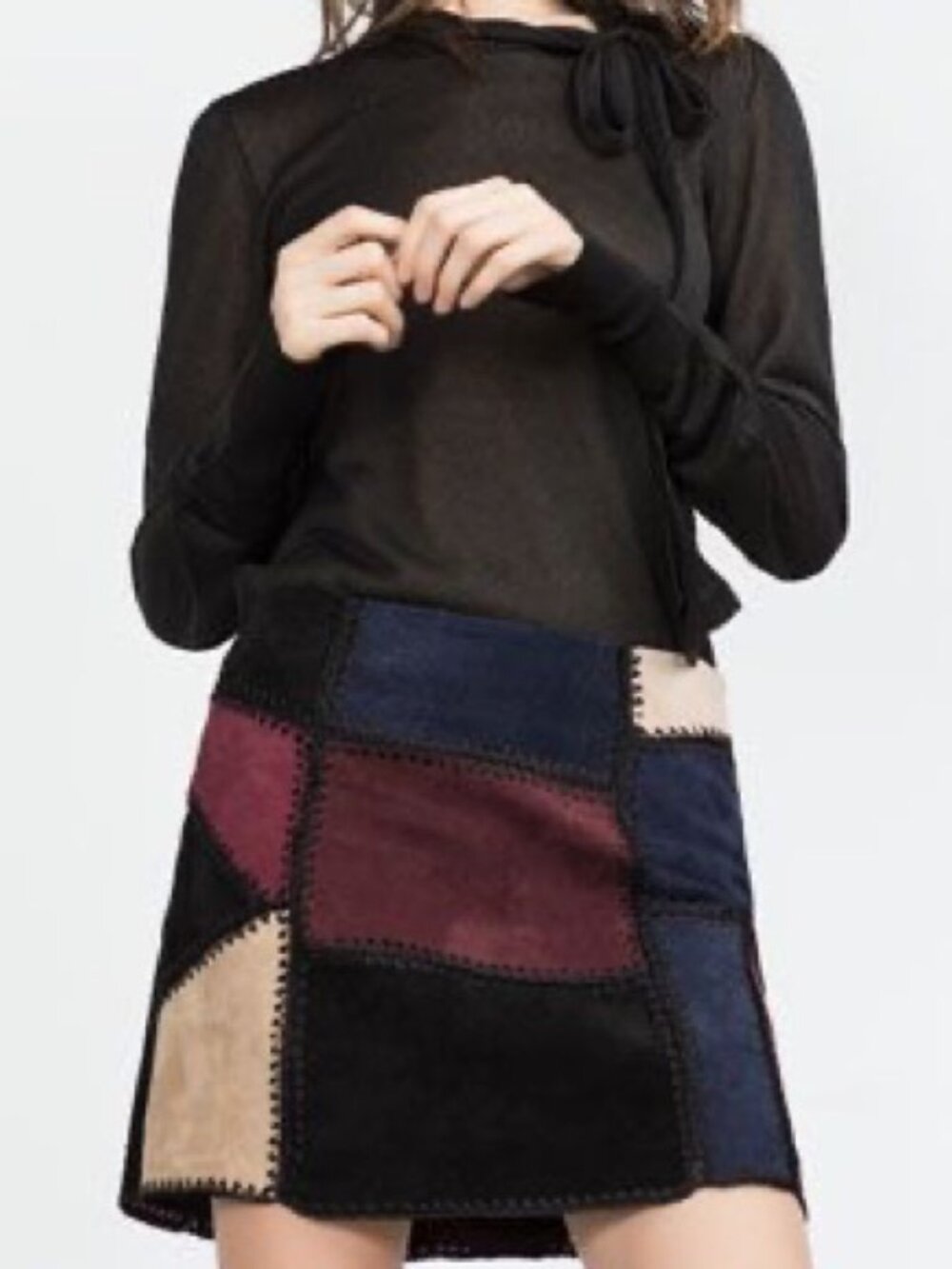 Zara Faux Suede Leather Patchwork Mini Skirt Small Burgundy Office Workwear
